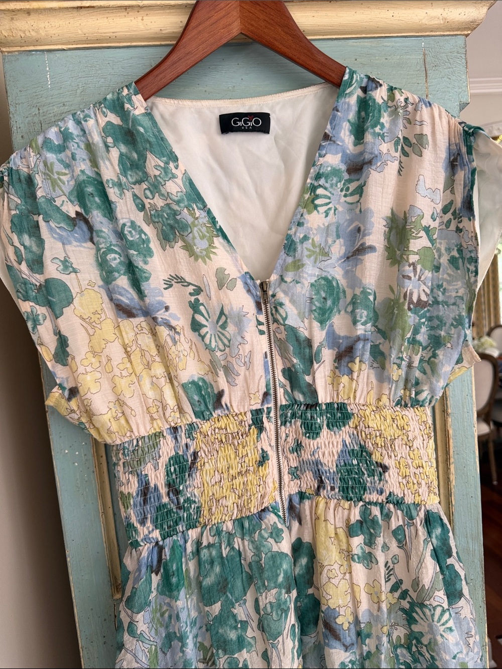 Gigio USA Floral Midi Dress Smocked Waist Zip Front Blue Green Medium - Picture 3 of 14